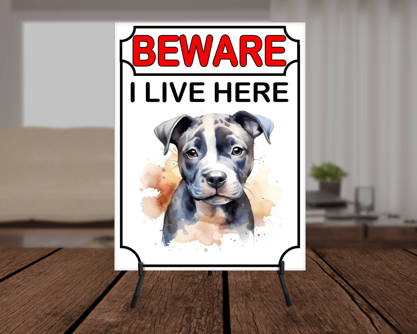 Staffie Metal Sign Gift - Beware I Live Here - Cute Fun Novelty Animal Aluminium Present