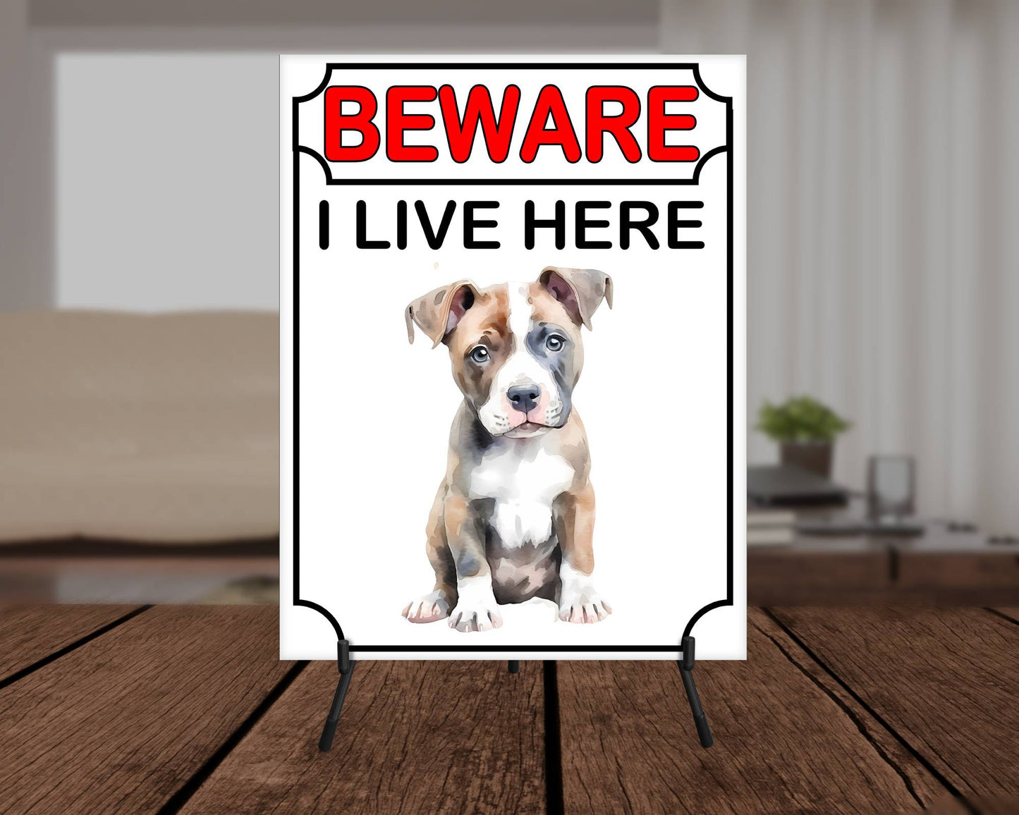 Staffy Metal Sign Gift - Beware I Live Here - Cute Fun Novelty Animal Aluminium Present