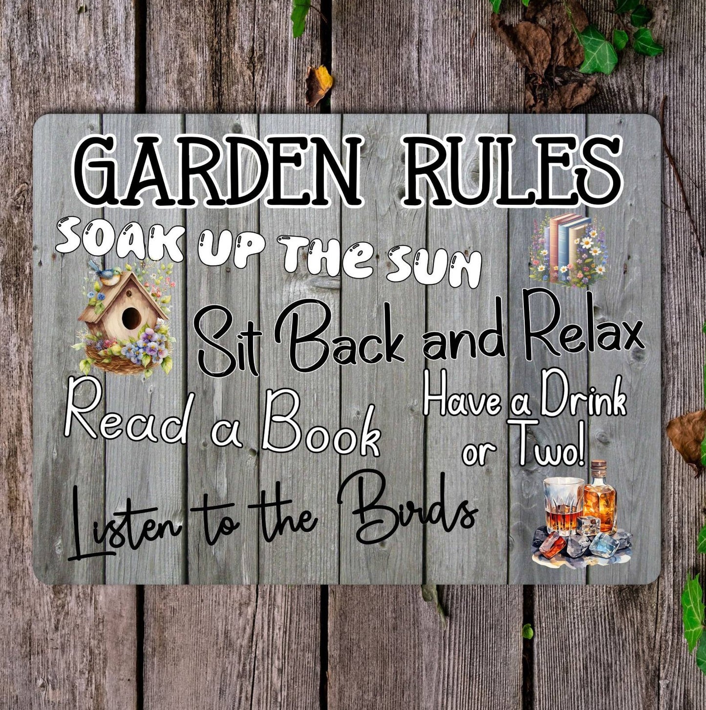 Garden Metal Sign Gift - Garden Rules - Soak Up The Sun - Grey - Cute Fun Novelty Family Aluminium Present