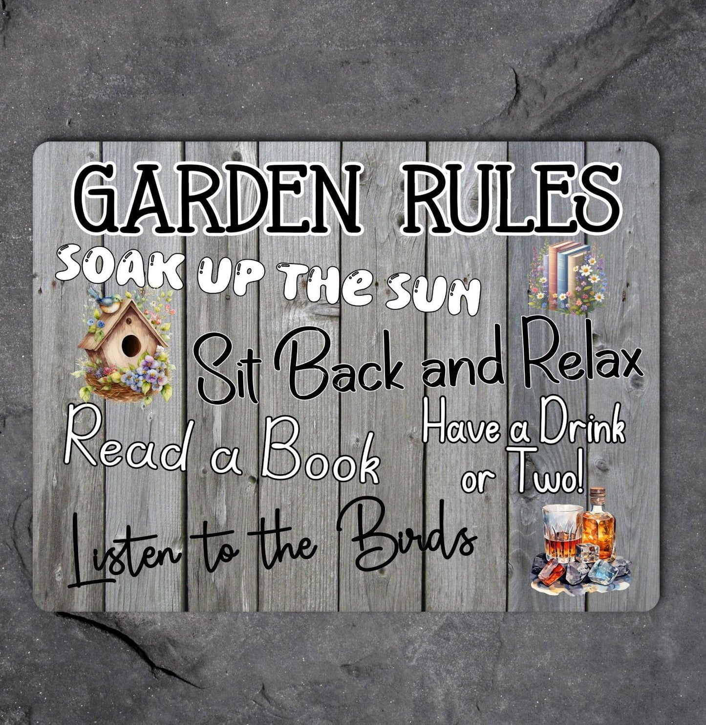 Garden Metal Sign Gift - Garden Rules - Soak Up The Sun - Grey - Cute Fun Novelty Family Aluminium Present
