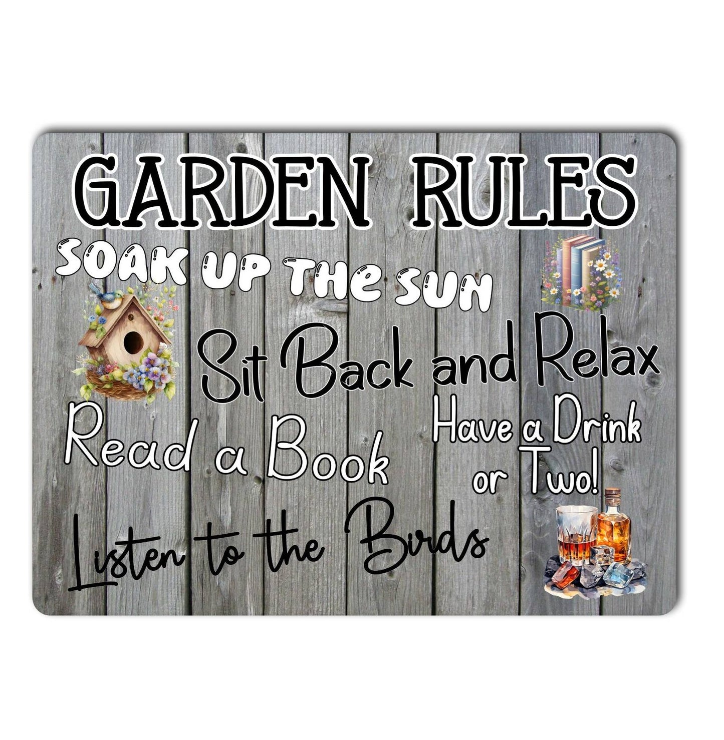 Garden Metal Sign Gift - Garden Rules - Soak Up The Sun - Grey - Cute Fun Novelty Family Aluminium Present