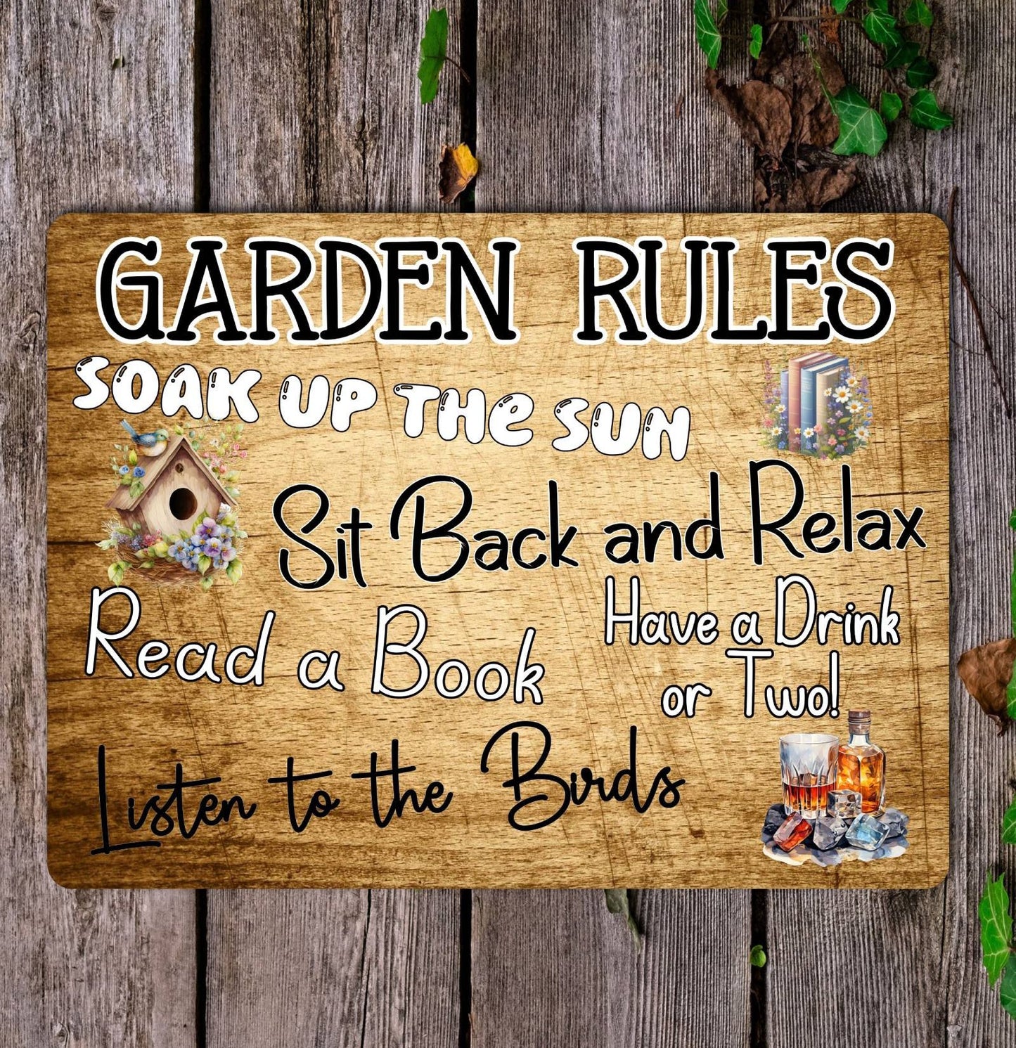 Garden Metal Sign Gift - Garden Rules - Soak Up The Sun - Wooden - Cute Fun Novelty Family Aluminium Present