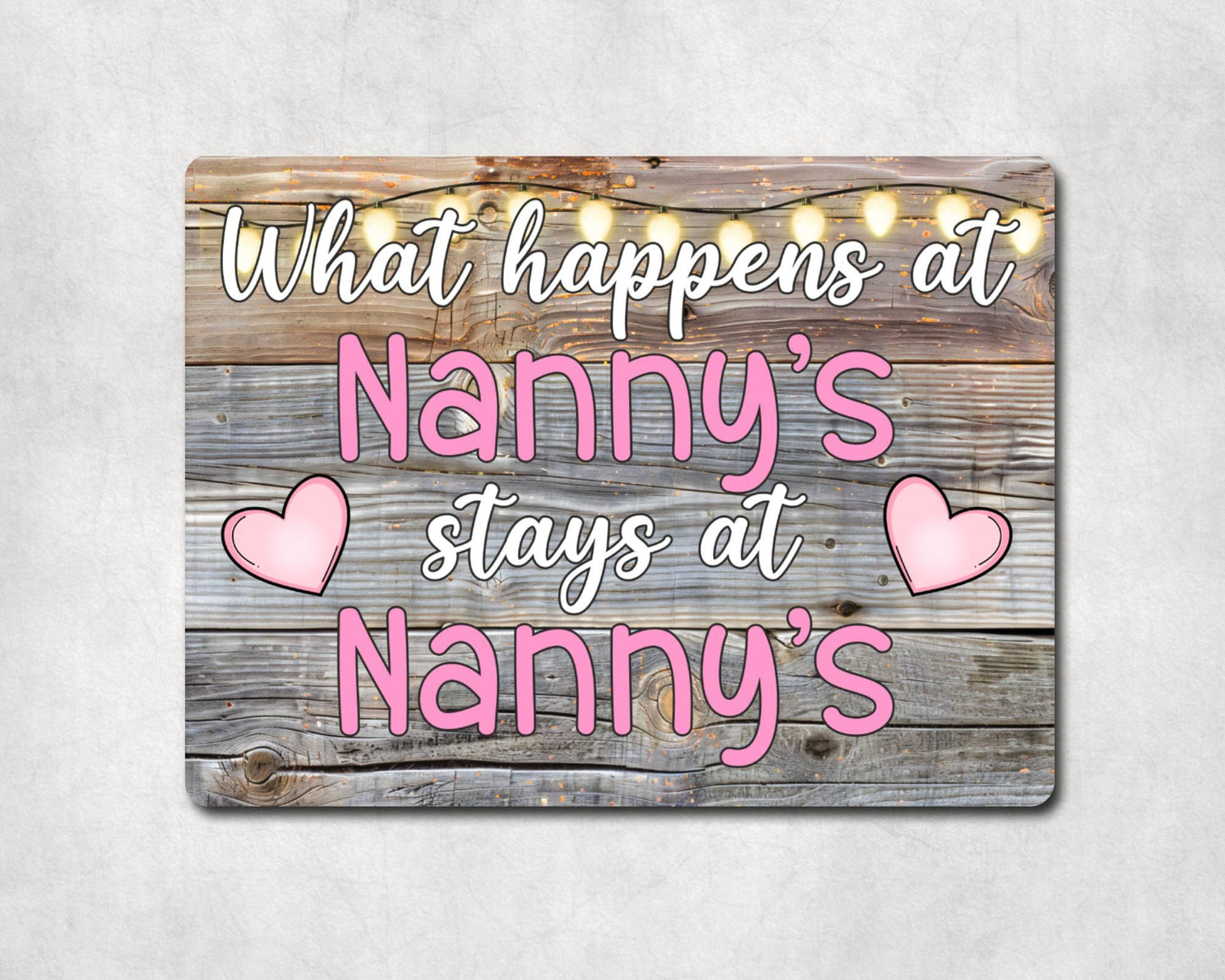 Grandparent Metal Sign Gift - What Happens At Nanny's Stays At Nanny's - Cute Fun Novelty Family Aluminium Present
