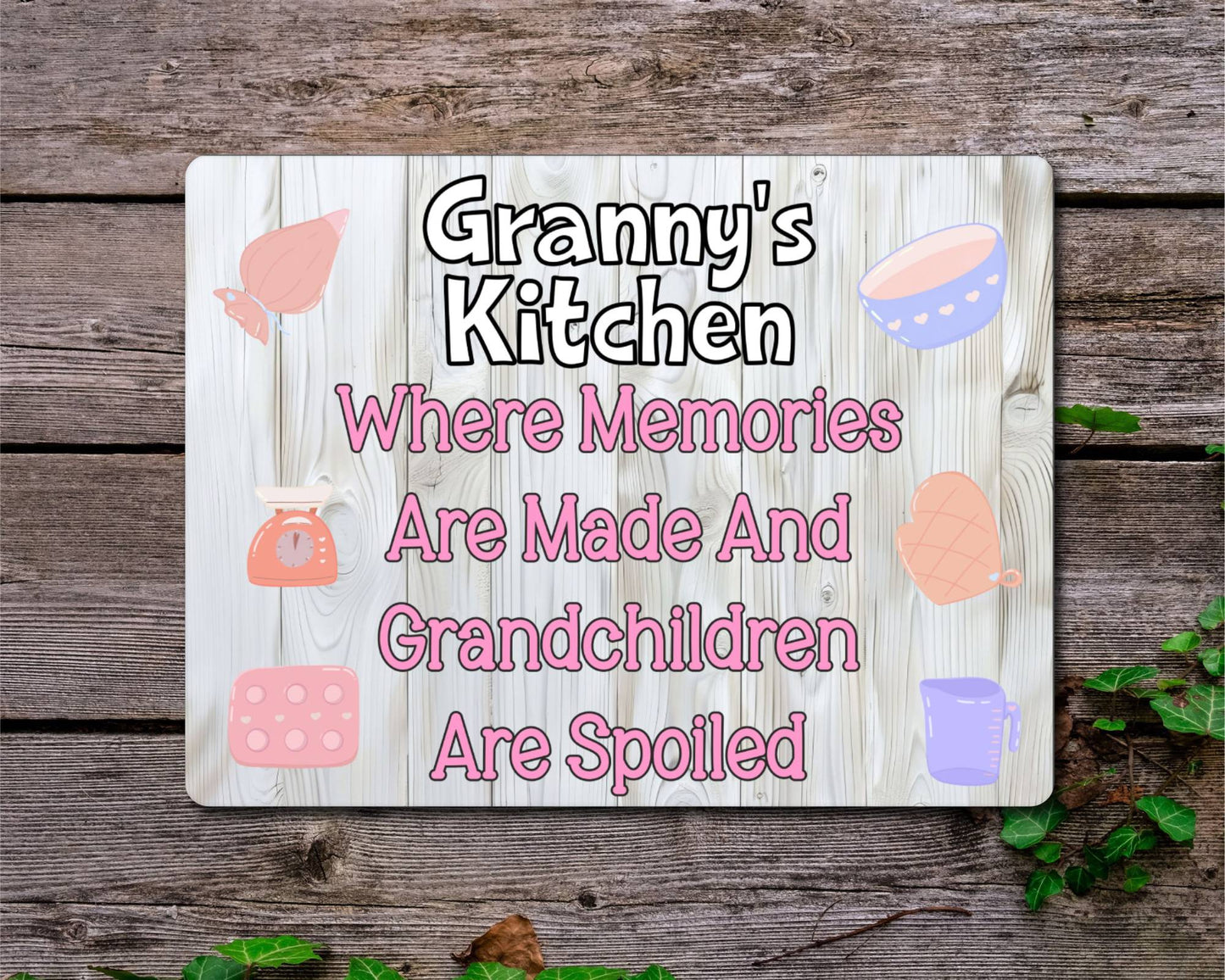 Grandparent Metal Sign Gift - Granny's Kitchen Where Memories Are Made And Grandchildren Are Spoilt - Cute Fun Novelty Family Aluminium Present