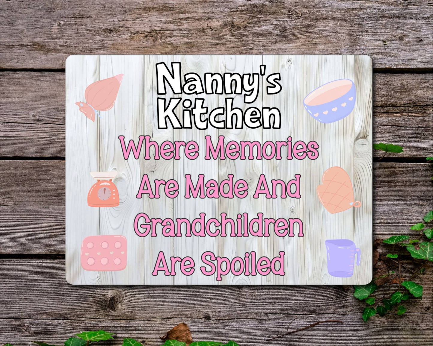 Grandparent Metal Sign Gift - Nanny's Kitchen Where Memories Are Made And Grandchildren Are Spoilt - Cute Fun Novelty Family Aluminium Present