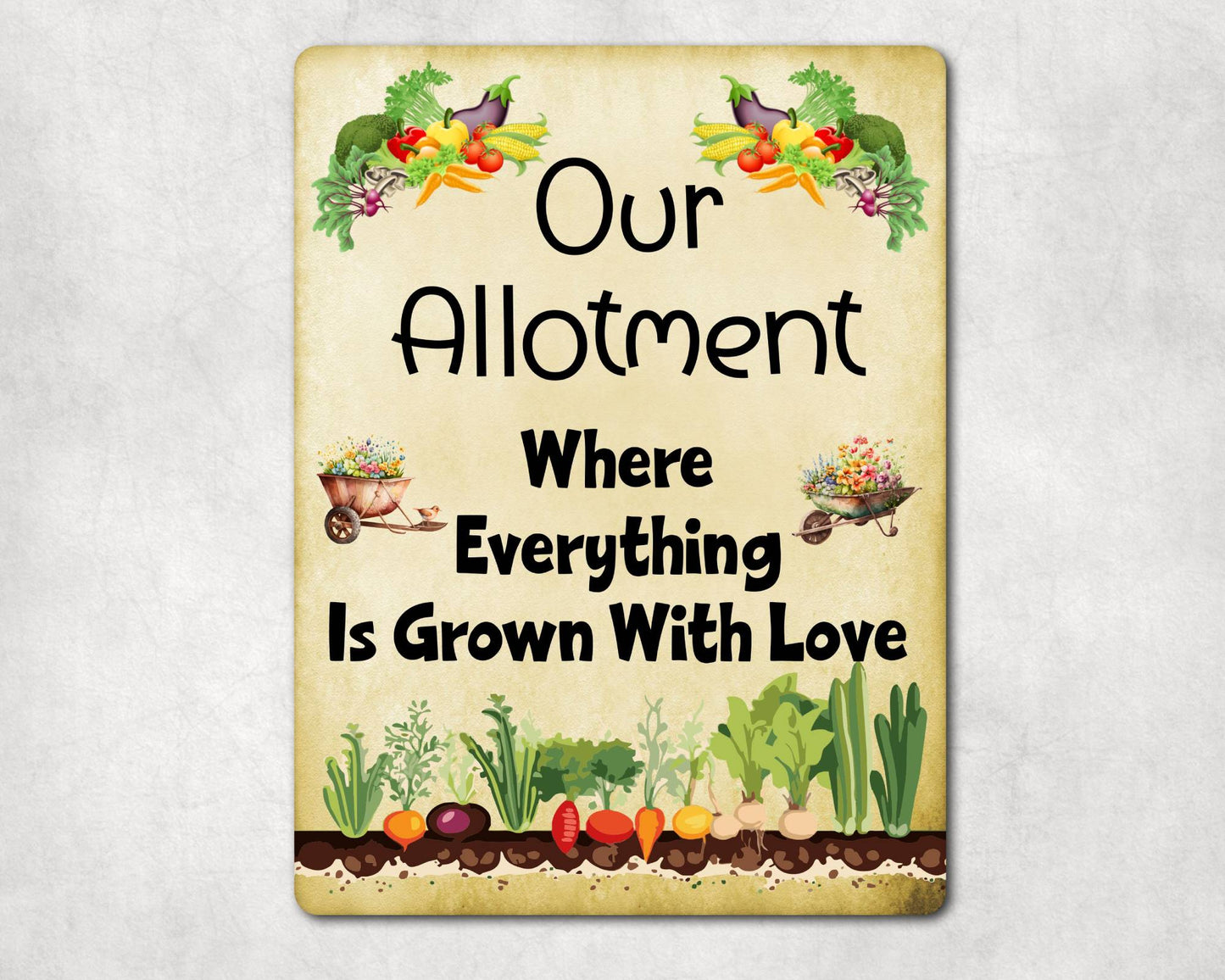 Gardening Metal Sign Gift - Our Allotment - Where Everything Is Grown In Love - Cute Fun Novelty Family Aluminium Present