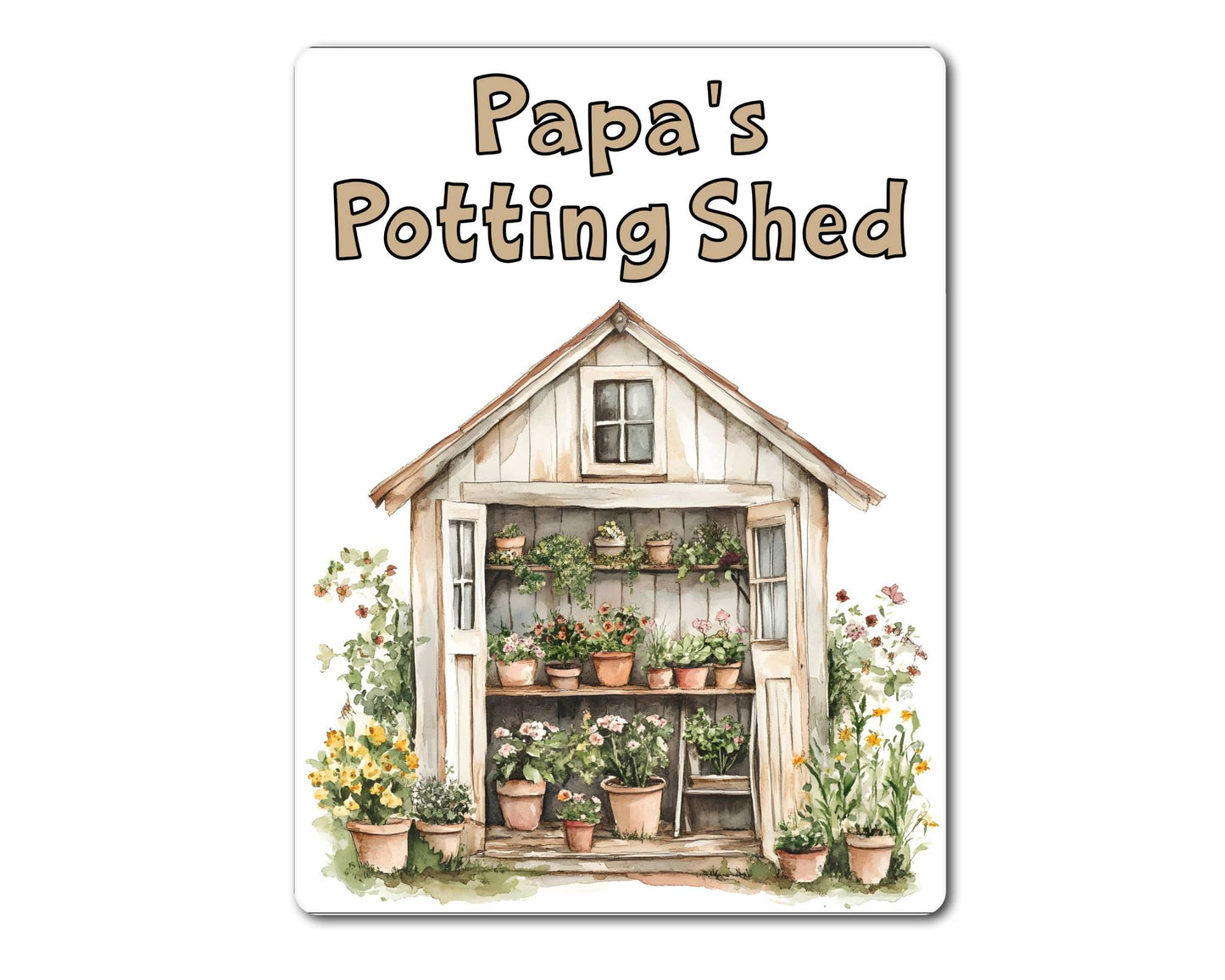 Gardening Metal Sign Gift - Papa's Potting Shed - Beige - Cute Fun Novelty Family Aluminium Present