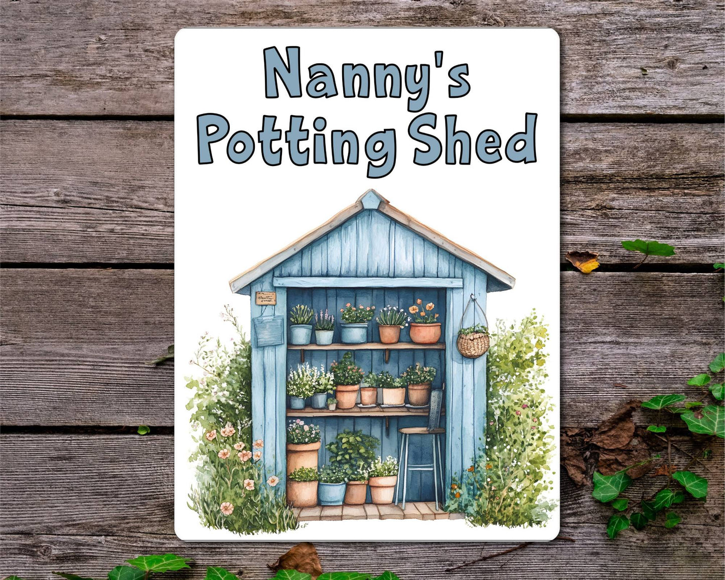 Gardening Metal Sign Gift - Nanny's Potting Shed - Blue - Cute Fun Novelty Family Aluminium Present