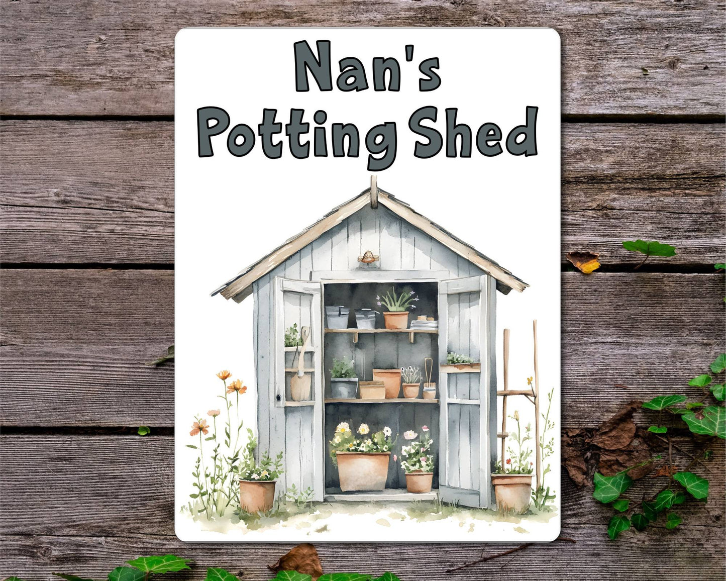 Gardening Metal Sign Gift - Nan's Potting Shed - Grey - Cute Fun Novelty Family Aluminium Present