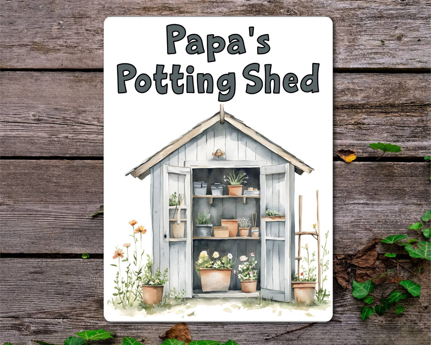 Gardening Metal Sign Gift - Papa's Potting Shed - Grey - Cute Fun Novelty Family Aluminium Present