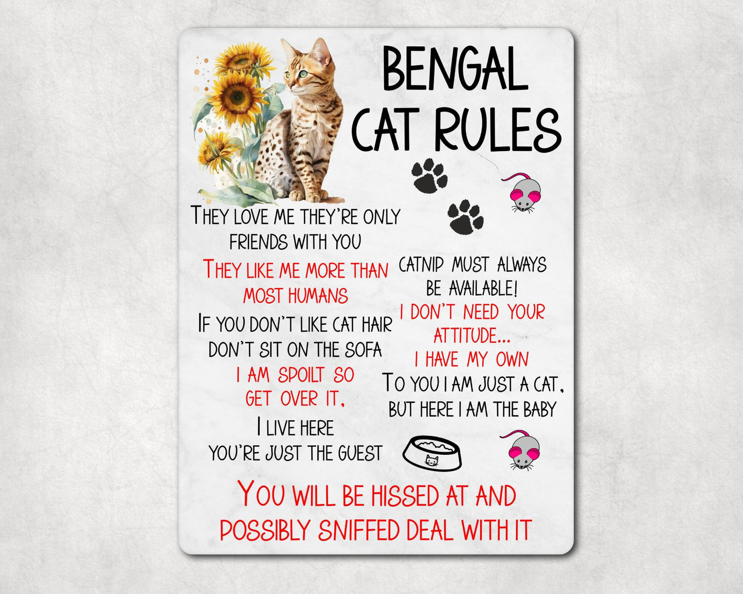 Kitten Metal Sign Gift - Bengal Cat Rules - I Live Here You're Just The Guest - Cute Fun Novelty Family Pet Aluminium Present