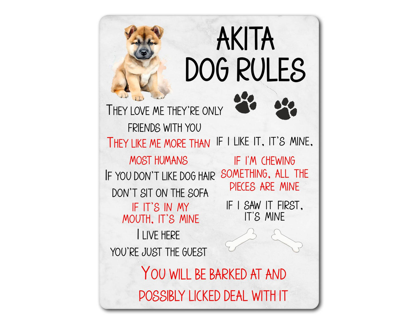Dog Metal Sign Gift - Akita Rules - I Live Here You're Just The Guest - Cute Fun Novelty Family Pet Aluminium Present