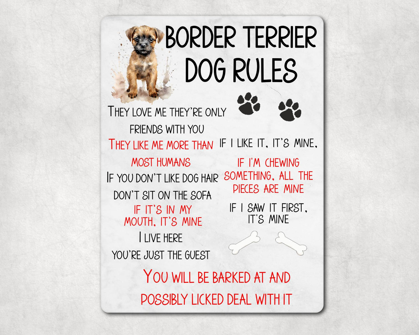 Dog Metal Sign Gift - Border Terrier Rules - I Live Here You're Just The Guest - Cute Fun Novelty Family Pet Aluminium Present