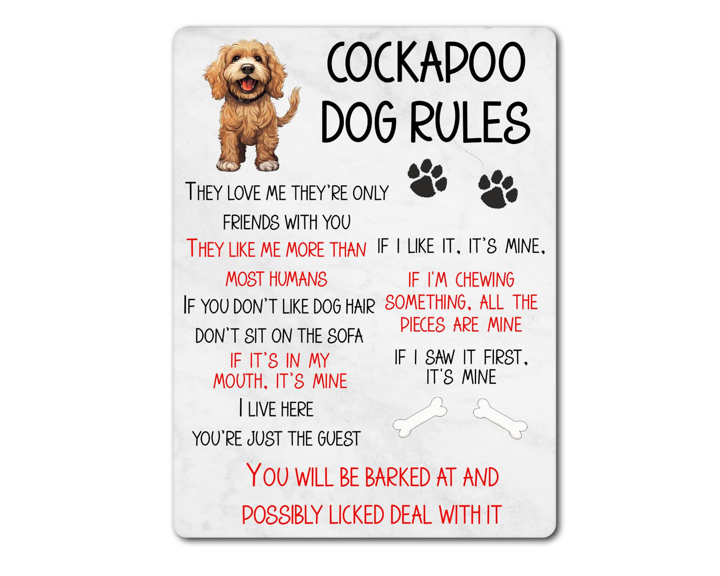Dog Metal Sign Gift - Cockapoo Rules - I Live Here You're Just The Guest - Cute Fun Novelty Family Pet Aluminium Present