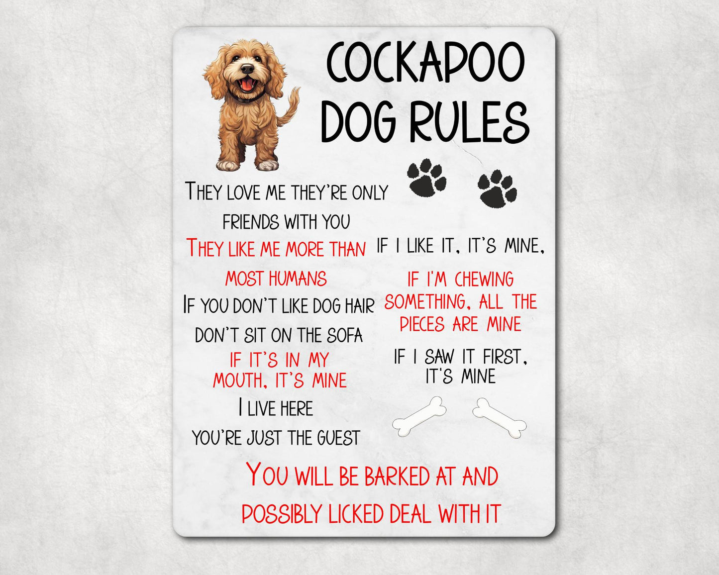Dog Metal Sign Gift - Cockapoo Rules - I Live Here You're Just The Guest - Cute Fun Novelty Family Pet Aluminium Present