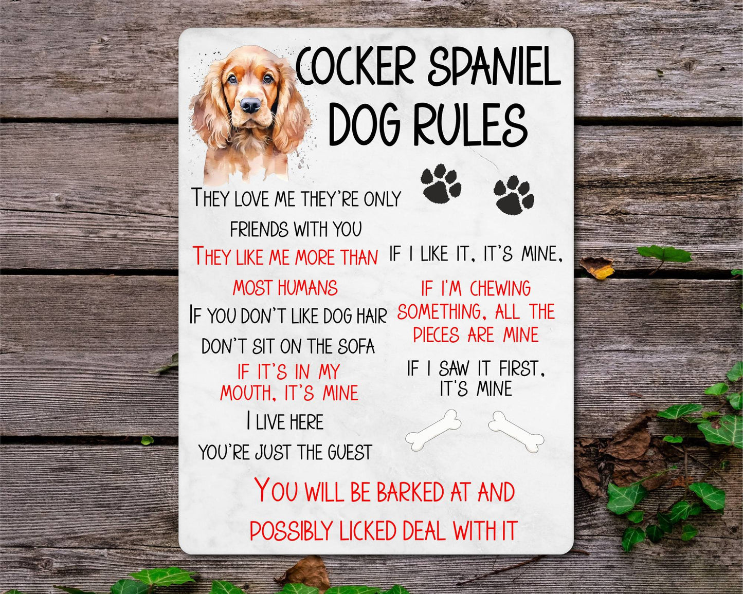 Dog Metal Sign Gift - Cocker Spaniel Rules - I Live Here You're Just The Guest - Cute Fun Novelty Family Pet Aluminium Present