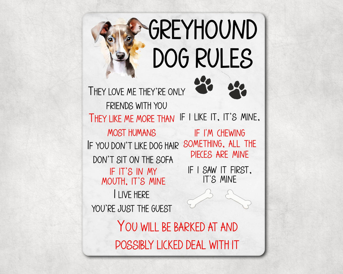 Dog Metal Sign Gift - Greyhound Rules - I Live Here You're Just The Guest - Cute Fun Novelty Family Pet Aluminium Present