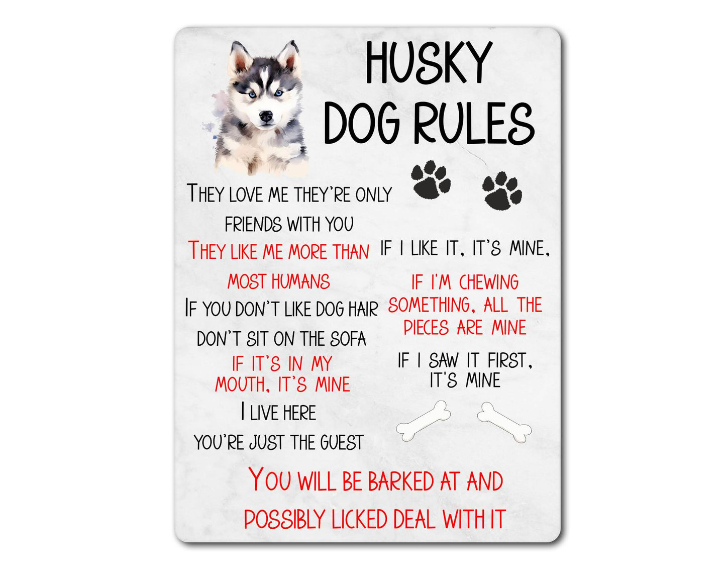 Dog Metal Sign Gift - Siberian Husky Rules - I Live Here You're Just The Guest - Cute Fun Novelty Family Pet Aluminium Present