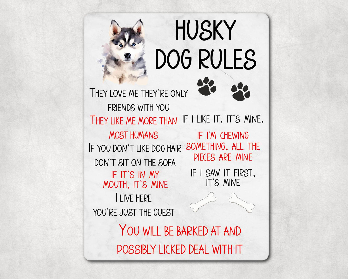 Dog Metal Sign Gift - Siberian Husky Rules - I Live Here You're Just The Guest - Cute Fun Novelty Family Pet Aluminium Present