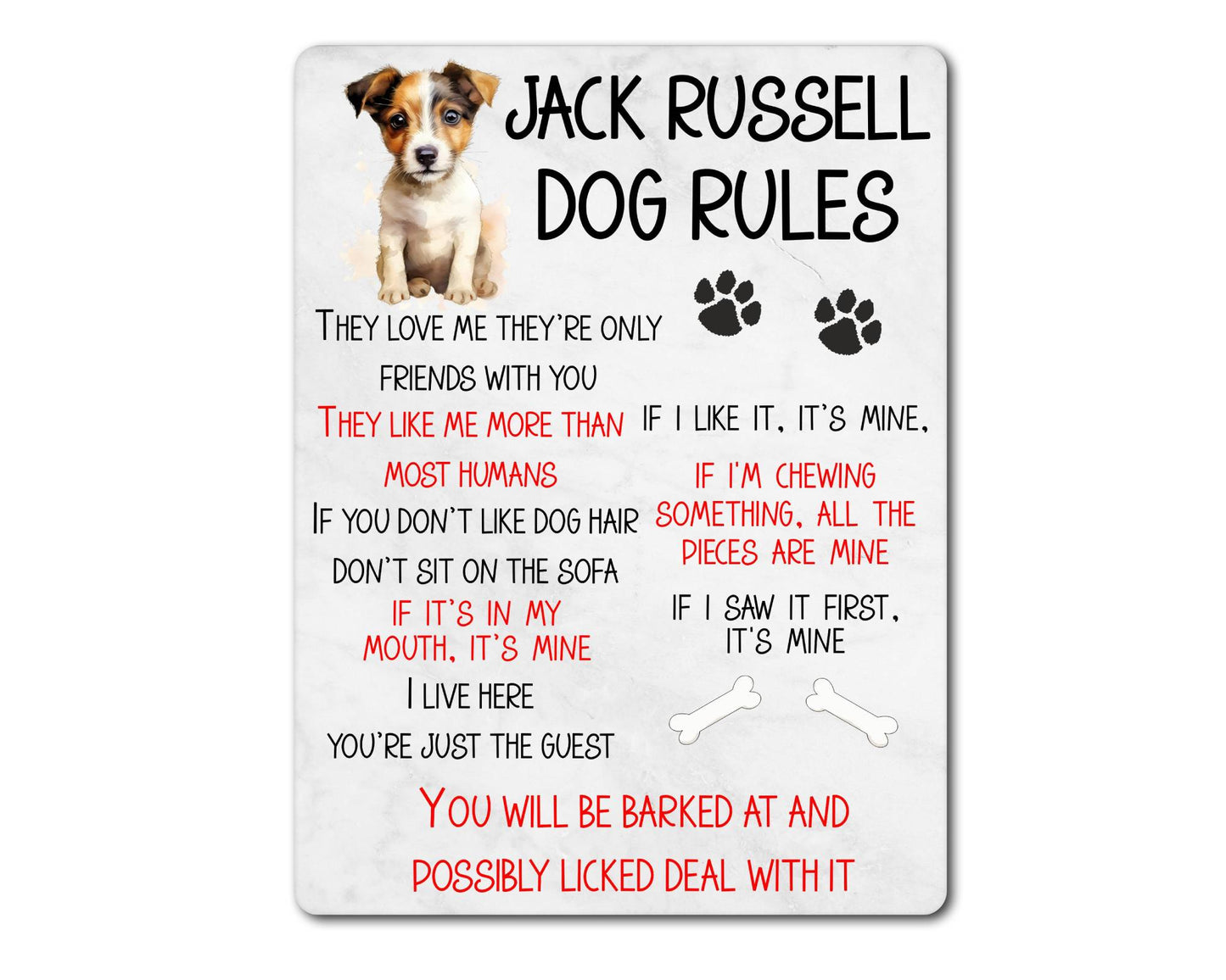 Dog Metal Sign Gift - Jack Russell Rules - I Live Here You're Just The Guest - Cute Fun Novelty Family Pet Aluminium Present