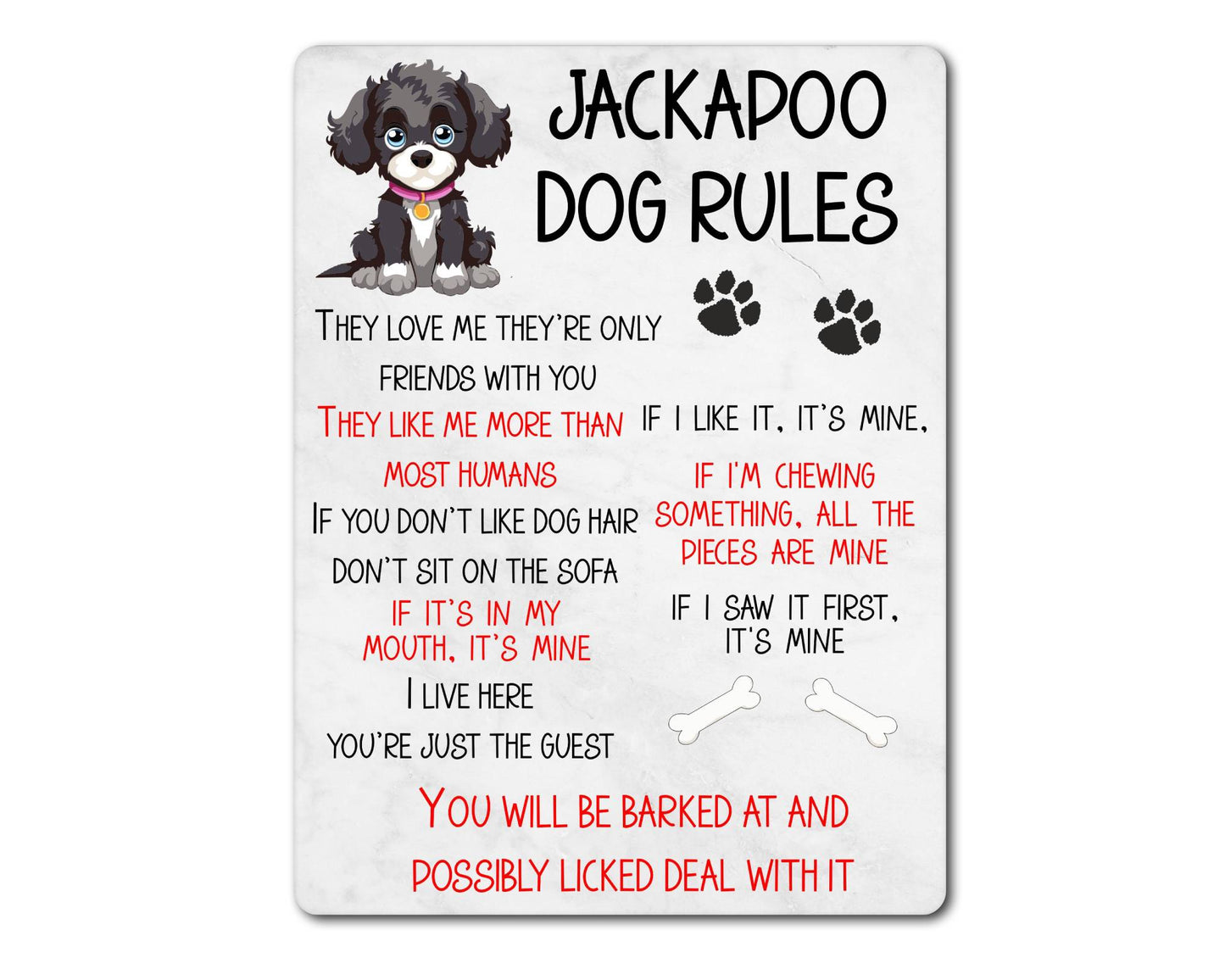Dog Metal Sign Gift - Jackapoo Rules - I Live Here You're Just The Guest - Cute Fun Novelty Family Pet Aluminium Present