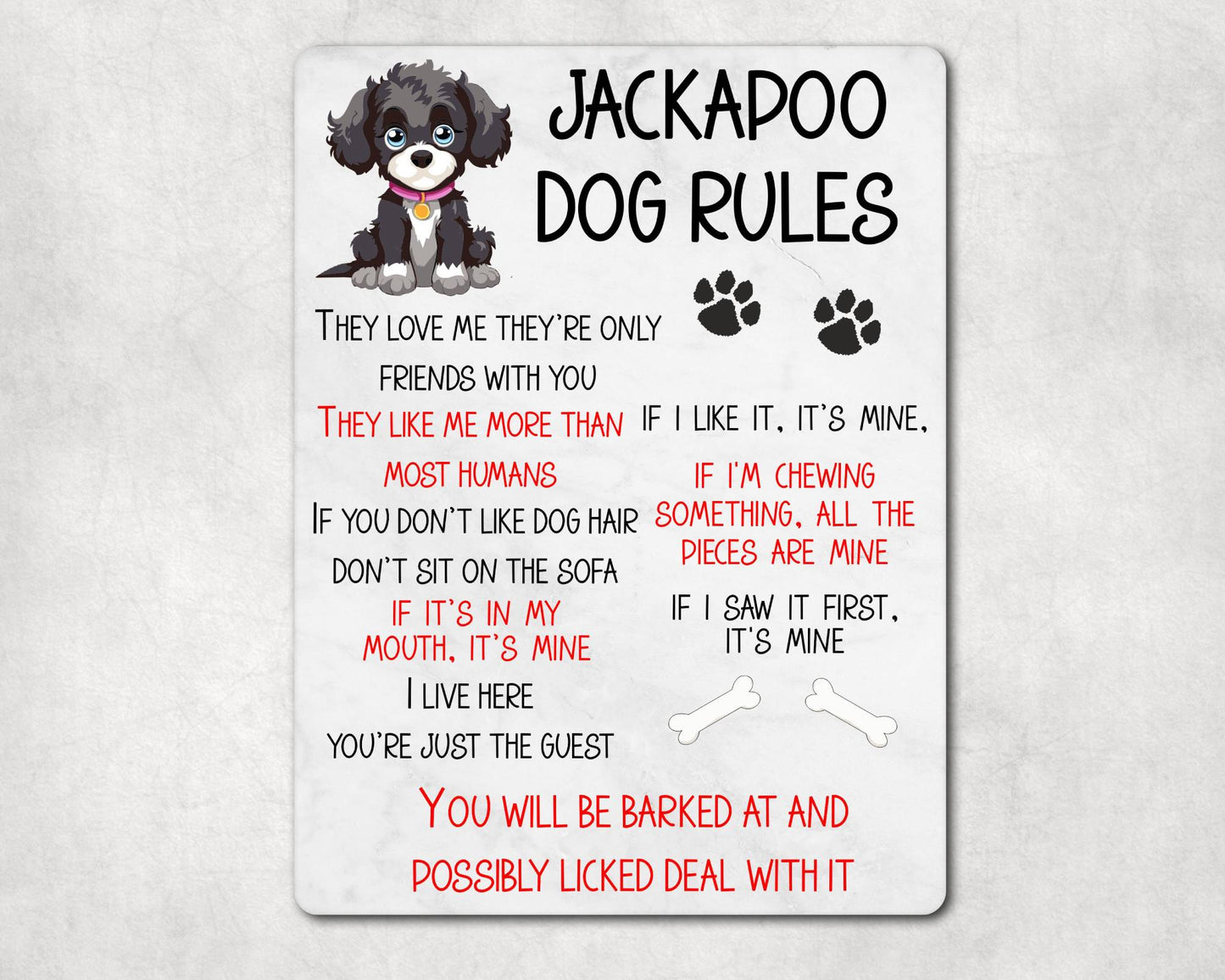 Dog Metal Sign Gift - Jackapoo Rules - I Live Here You're Just The Guest - Cute Fun Novelty Family Pet Aluminium Present