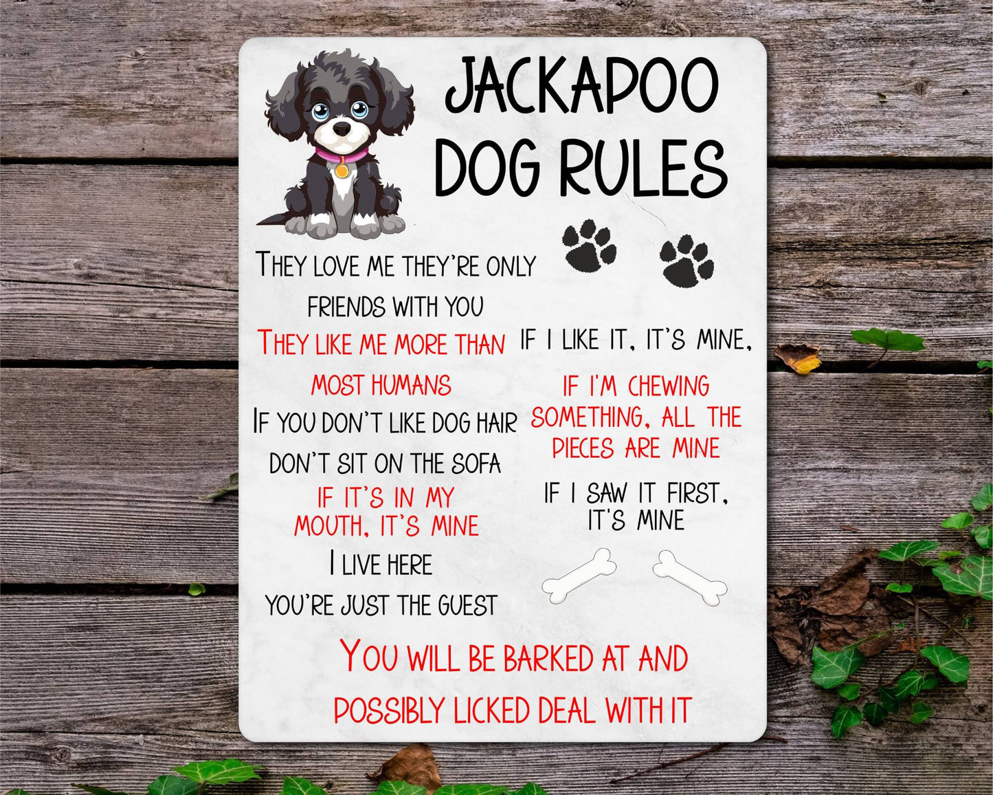 Dog Metal Sign Gift - Jackapoo Rules - I Live Here You're Just The Guest - Cute Fun Novelty Family Pet Aluminium Present