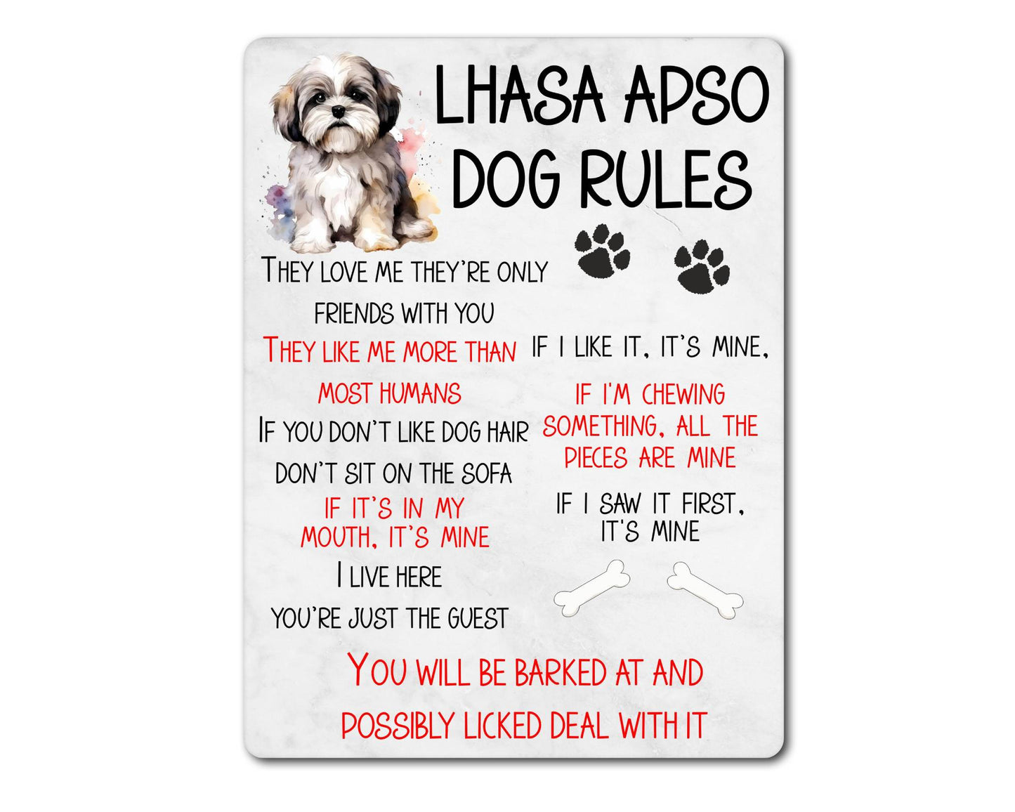 Dog Metal Sign Gift - Lhasa Apso Rules - I Live Here You're Just The Guest - Cute Fun Novelty Family Pet Aluminium Present