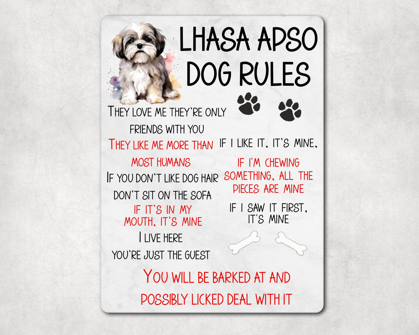 Dog Metal Sign Gift - Lhasa Apso Rules - I Live Here You're Just The Guest - Cute Fun Novelty Family Pet Aluminium Present