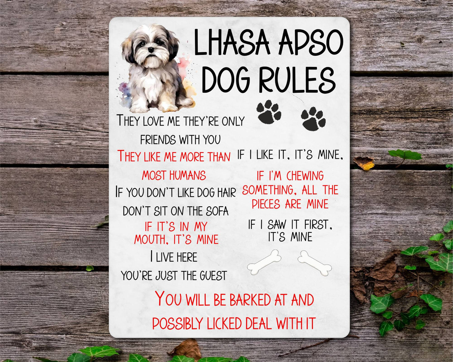 Dog Metal Sign Gift - Lhasa Apso Rules - I Live Here You're Just The Guest - Cute Fun Novelty Family Pet Aluminium Present