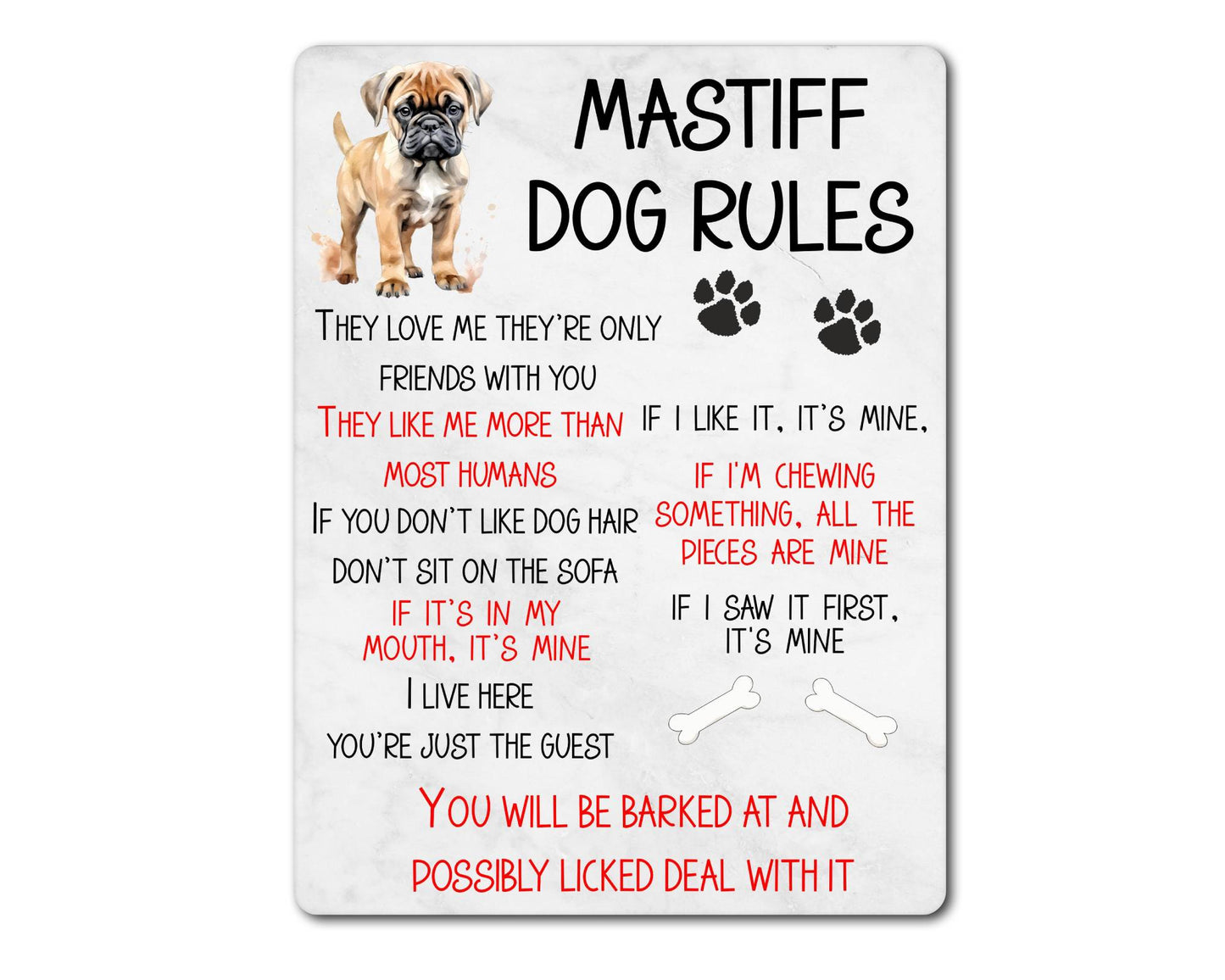 Dog Metal Sign Gift - Mastiff Rules - I Live Here You're Just The Guest - Cute Fun Novelty Family Pet Aluminium Present