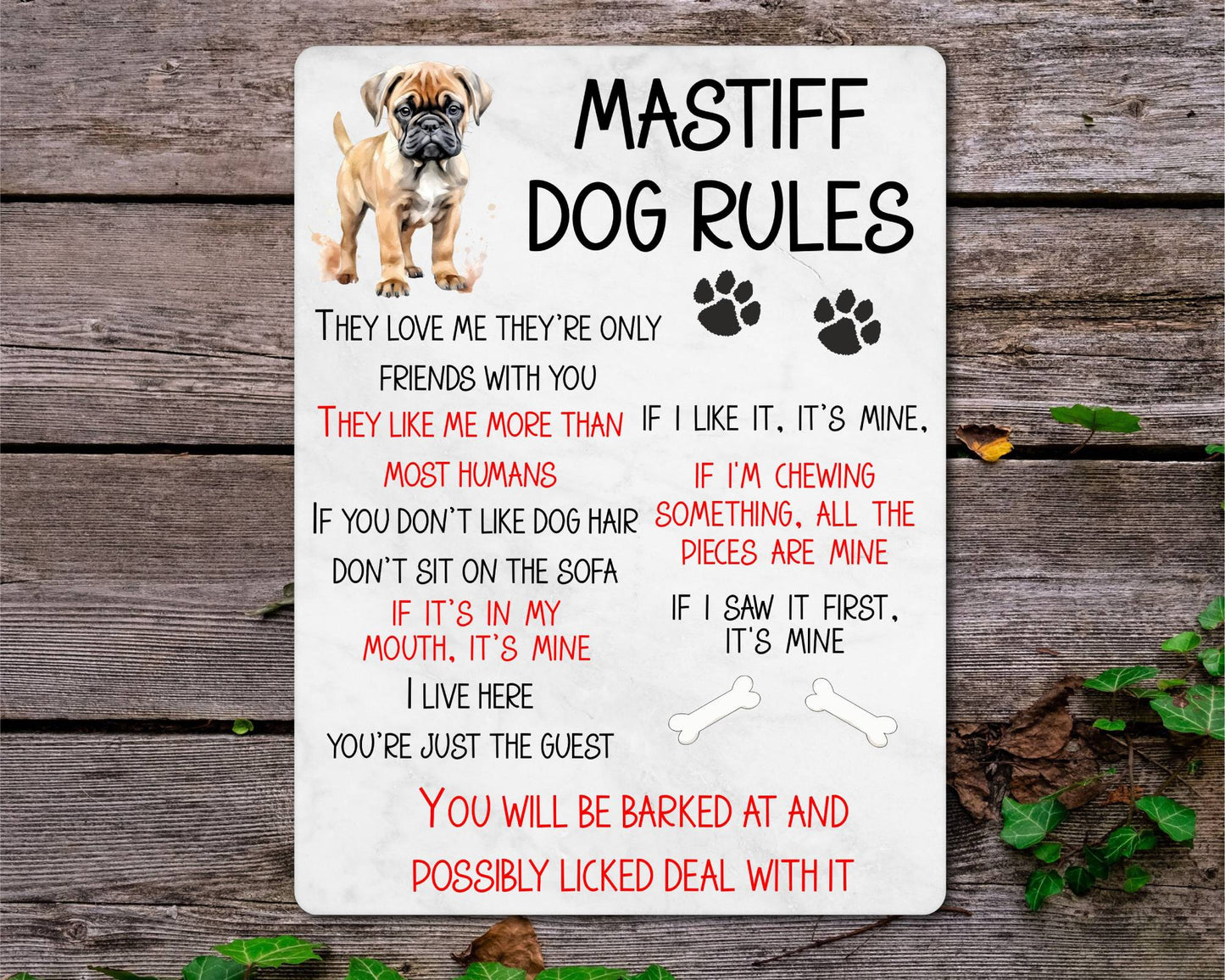 Dog Metal Sign Gift - Mastiff Rules - I Live Here You're Just The Guest - Cute Fun Novelty Family Pet Aluminium Present