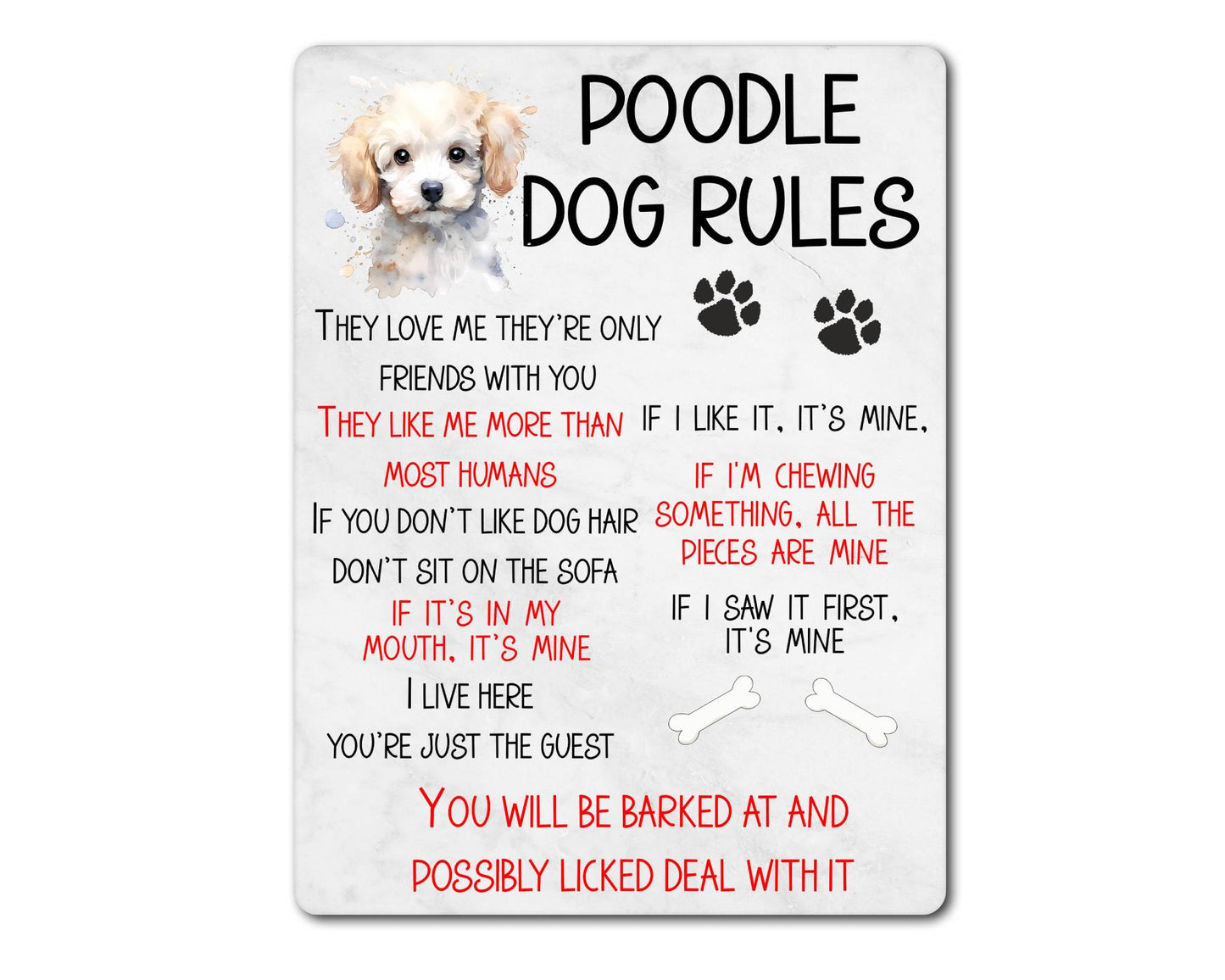 Dog Metal Sign Gift - Poodle Rules - I Live Here You're Just The Guest - Cute Fun Novelty Family Pet Aluminium Present