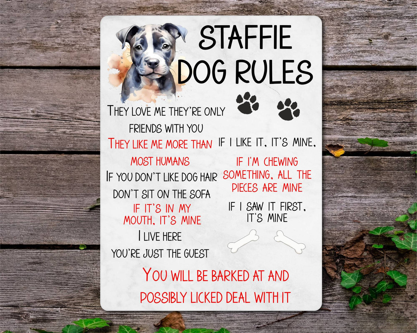 Dog Metal Sign Gift - Staffie Rules - I Live Here You're Just The Guest - Cute Fun Novelty Family Pet Aluminium Present