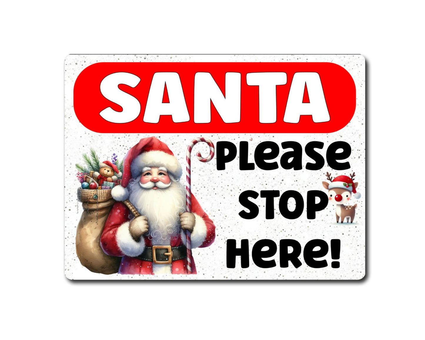 Christmas Metal Sign Gift - Santa Please Stop Here - Glittery - Cute Fun Novelty Family Festive Holiday Aluminium Present