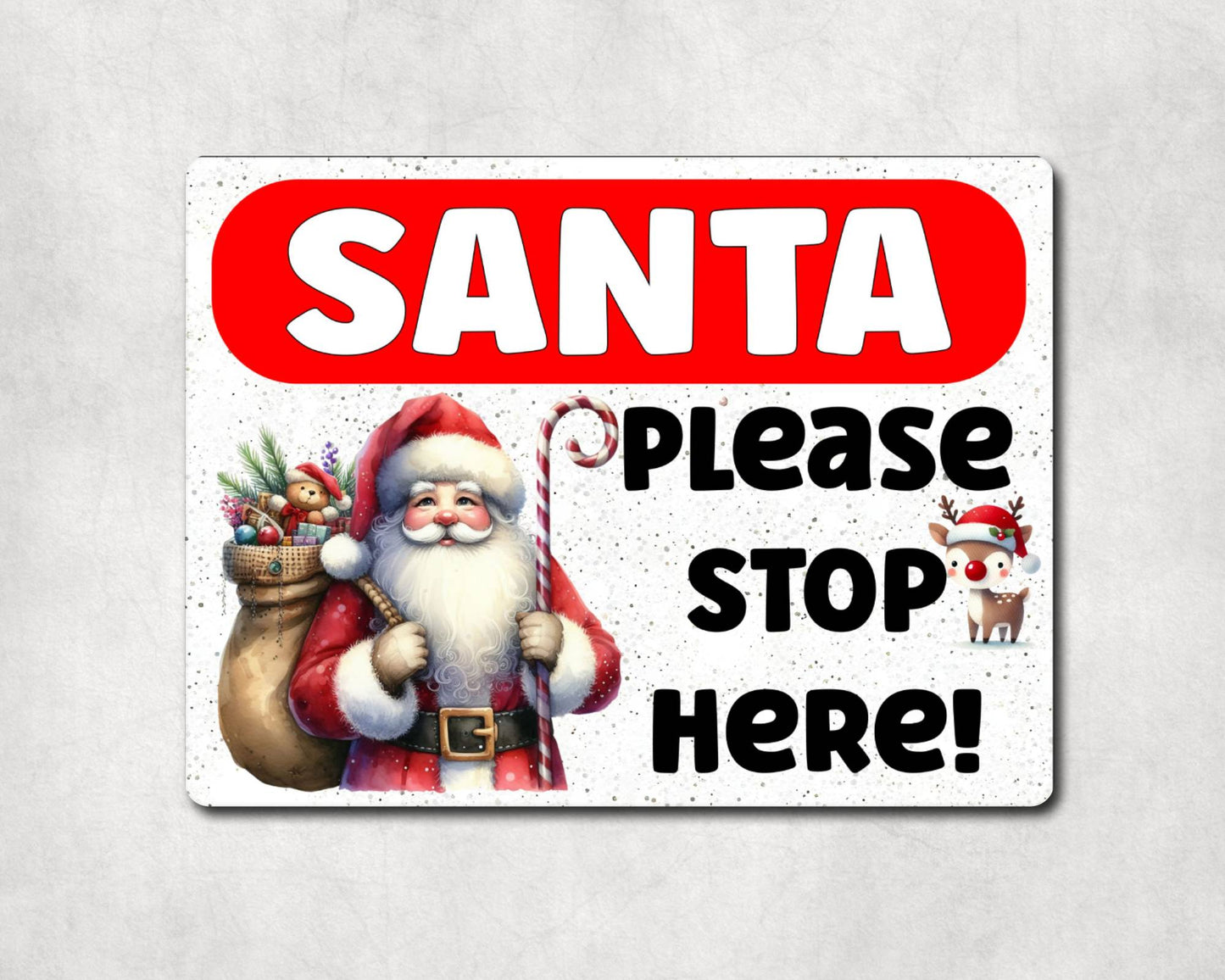 Christmas Metal Sign Gift - Santa Please Stop Here - Glittery - Cute Fun Novelty Family Festive Holiday Aluminium Present
