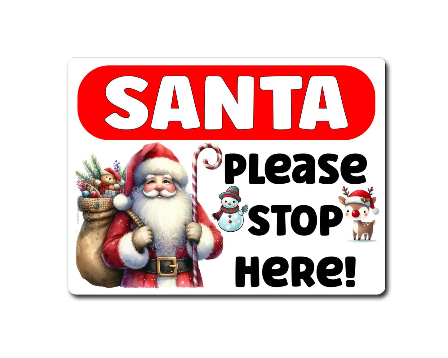 Christmas Metal Sign Gift - Santa Please Stop Here - White - Cute Fun Novelty Family Festive Holiday Aluminium Present