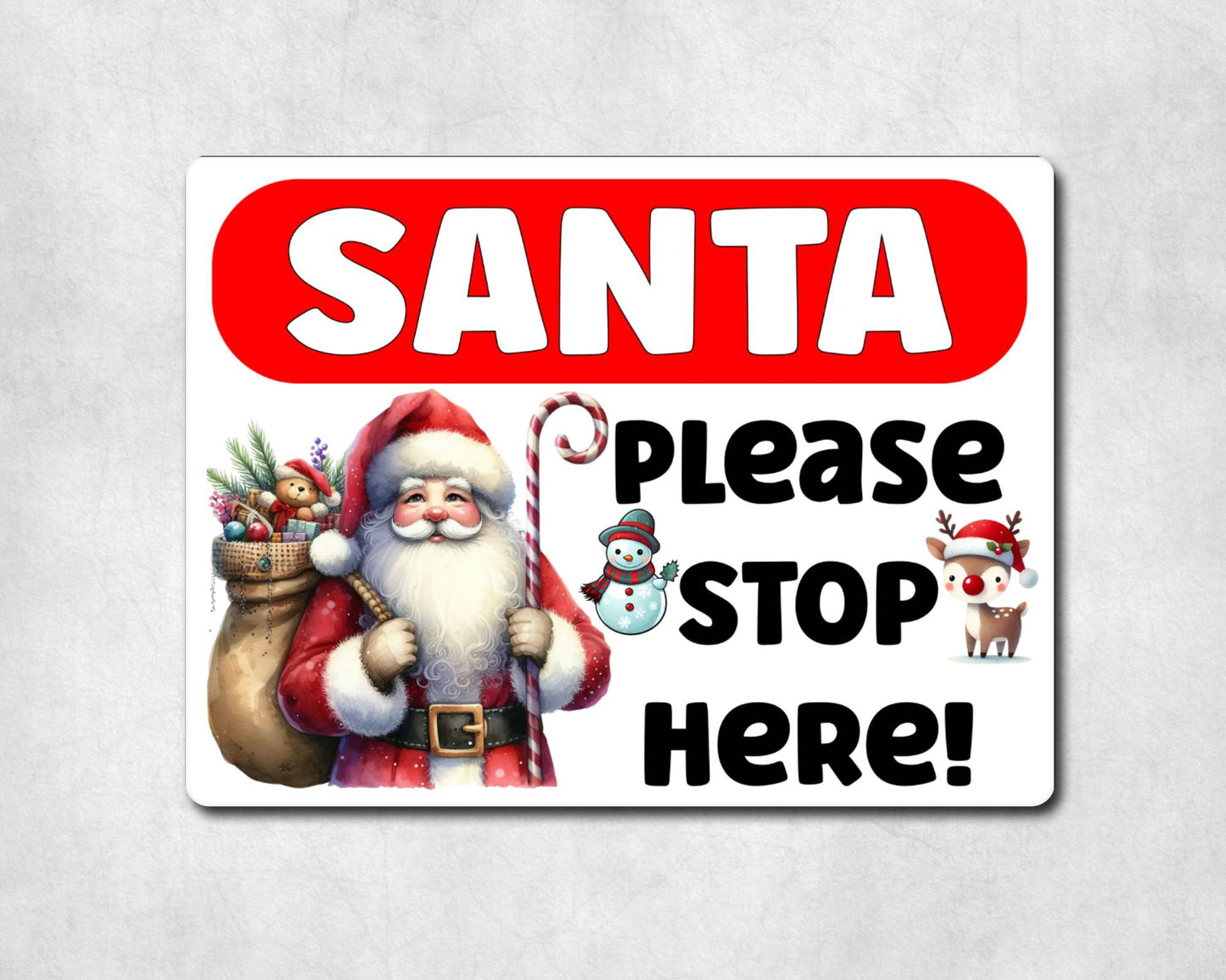 Christmas Metal Sign Gift - Santa Please Stop Here - White - Cute Fun Novelty Family Festive Holiday Aluminium Present