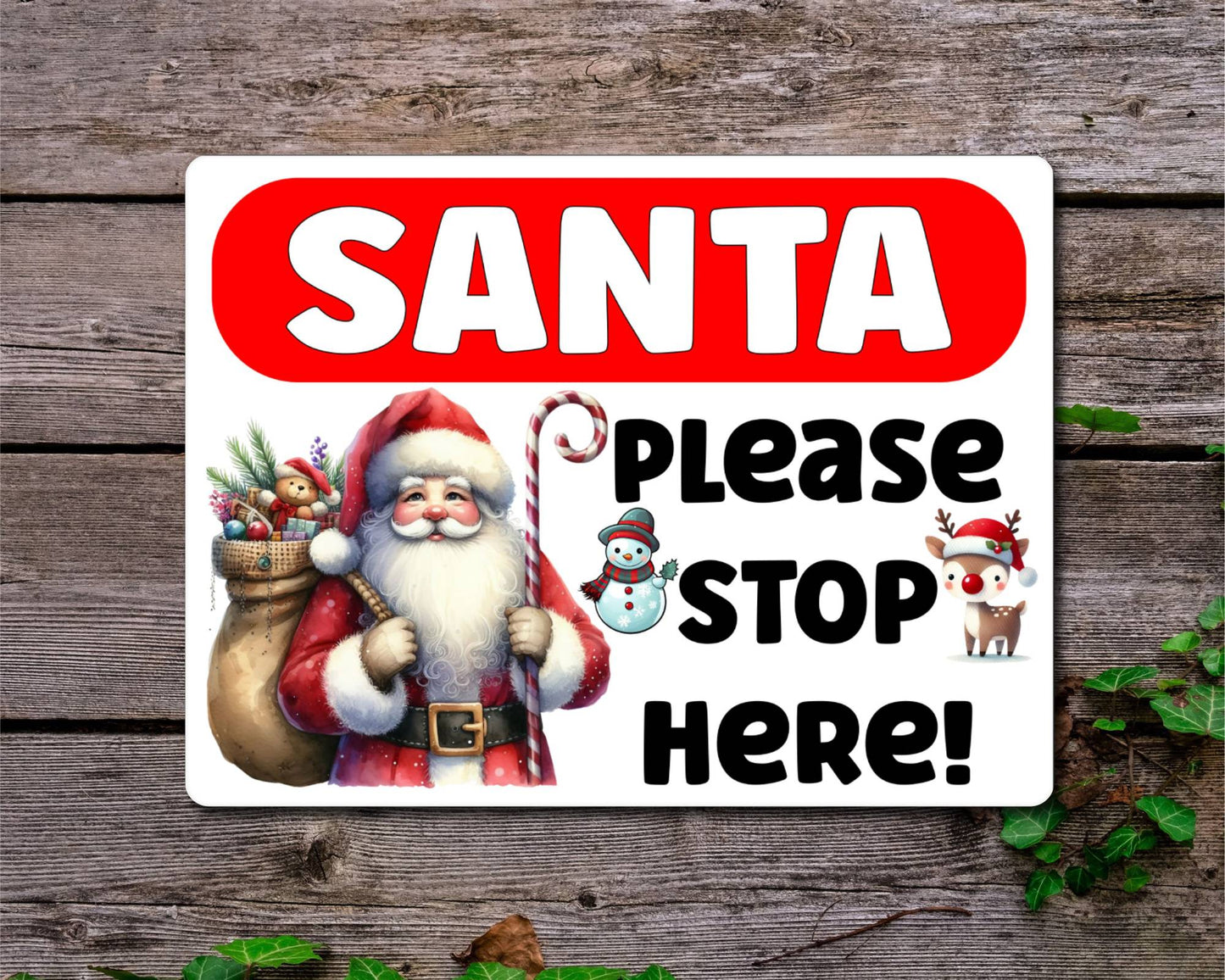 Christmas Metal Sign Gift - Santa Please Stop Here - White - Cute Fun Novelty Family Festive Holiday Aluminium Present