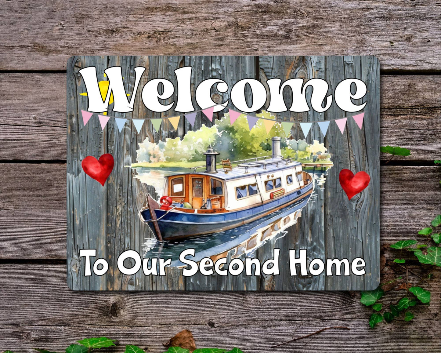 Canal Boat Metal Sign Gift - Welcome To Our Second Home - Cute Fun Novelty Family Holiday Aluminium Present