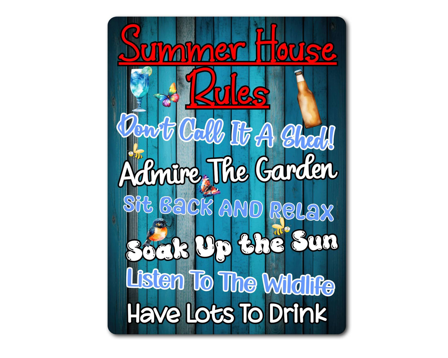 Garden Metal Sign Gift - Summer House Rules - Sit Back And Relax - Blue - Cute Fun Novelty Family Allotment Aluminium Present