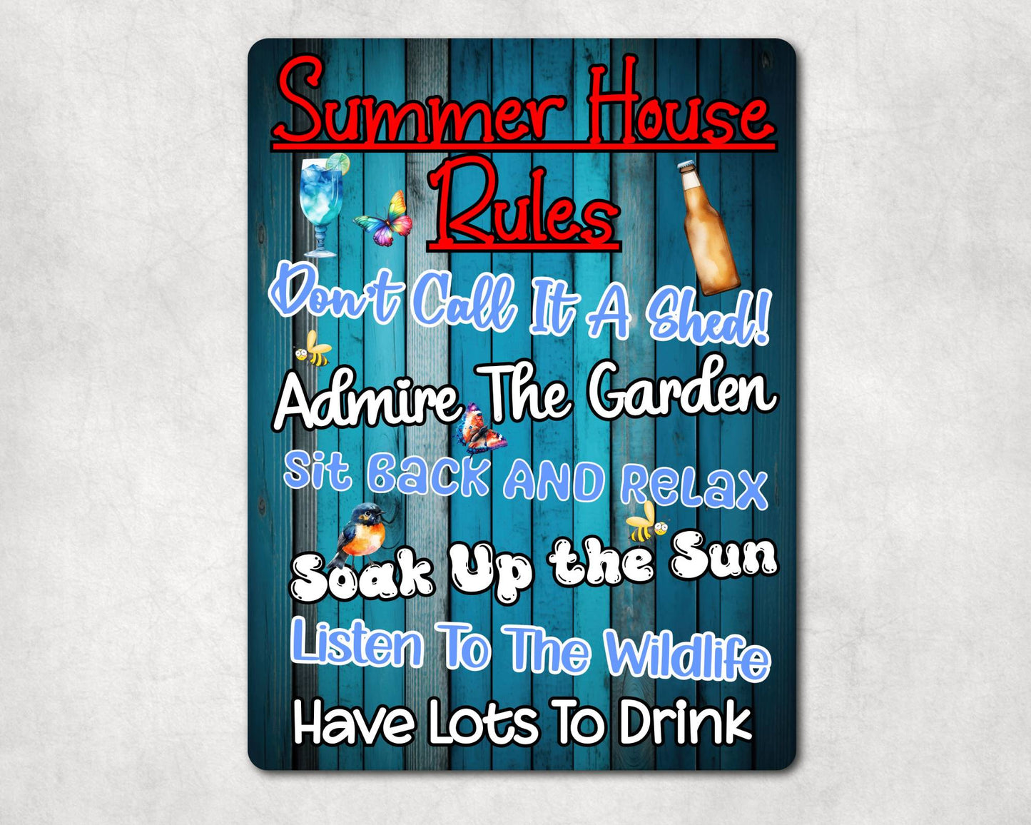 Garden Metal Sign Gift - Summer House Rules - Sit Back And Relax - Blue - Cute Fun Novelty Family Allotment Aluminium Present