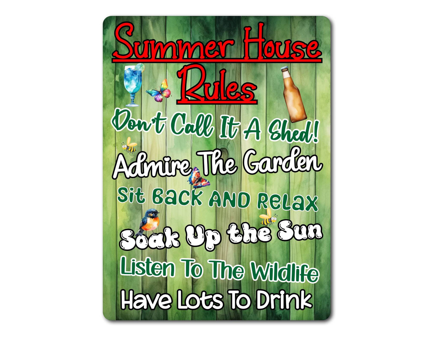 Garden Metal Sign Gift - Summer House Rules - Sit Back And Relax - Green - Cute Fun Novelty Family Allotment Aluminium Present