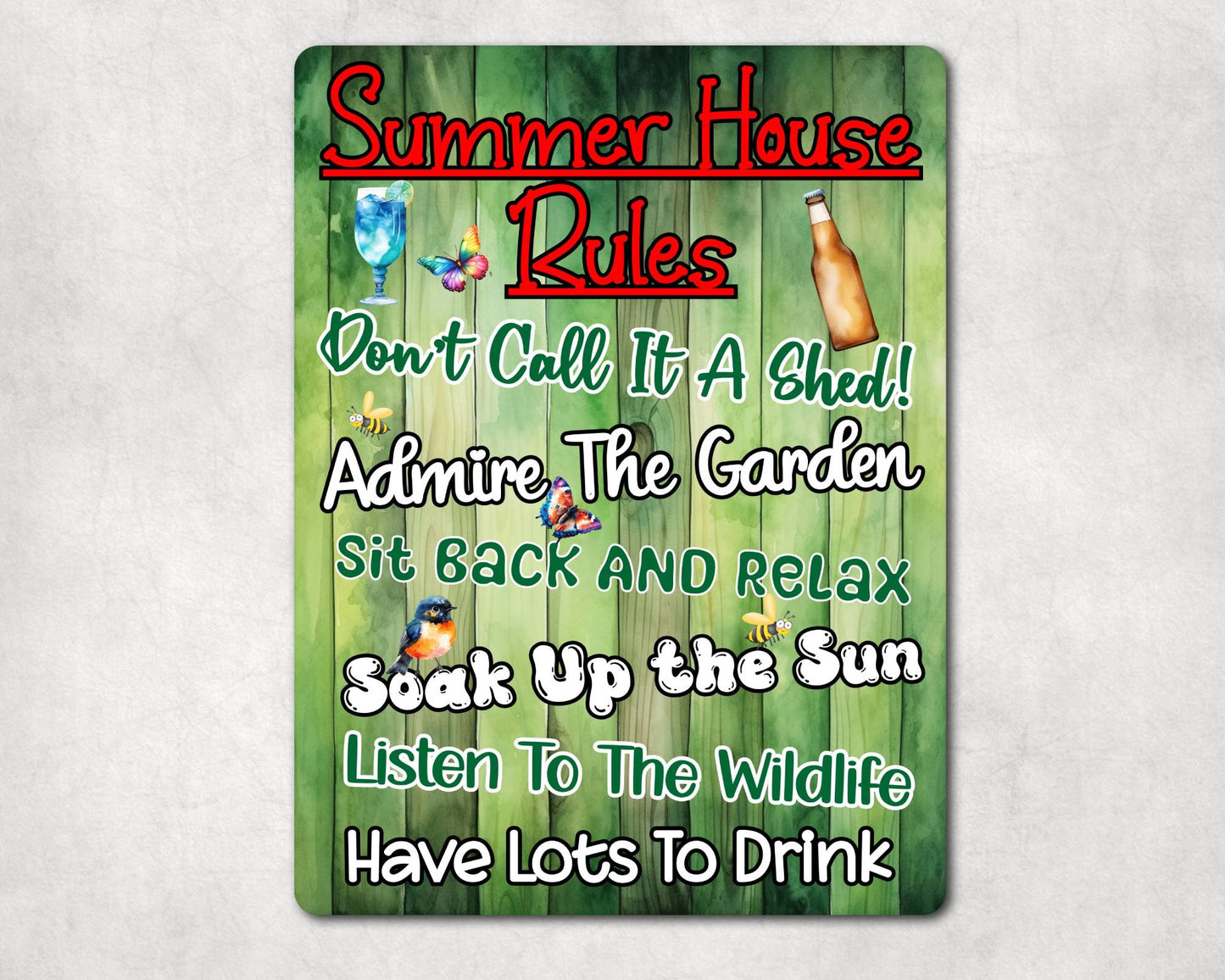 Garden Metal Sign Gift - Summer House Rules - Sit Back And Relax - Green - Cute Fun Novelty Family Allotment Aluminium Present