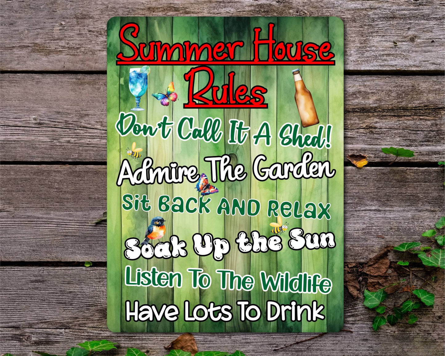 Garden Metal Sign Gift - Summer House Rules - Sit Back And Relax - Green - Cute Fun Novelty Family Allotment Aluminium Present
