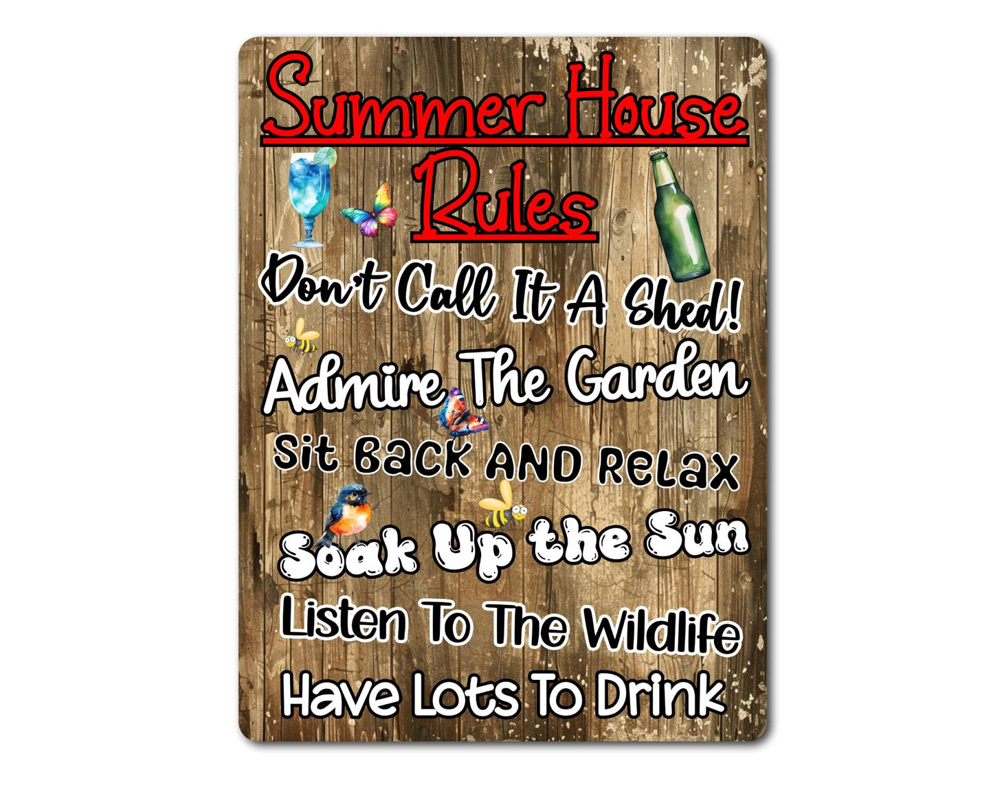 Garden Metal Sign Gift - Summer House Rules - Sit Back And Relax - Wood - Cute Fun Novelty Family Allotment Aluminium Present