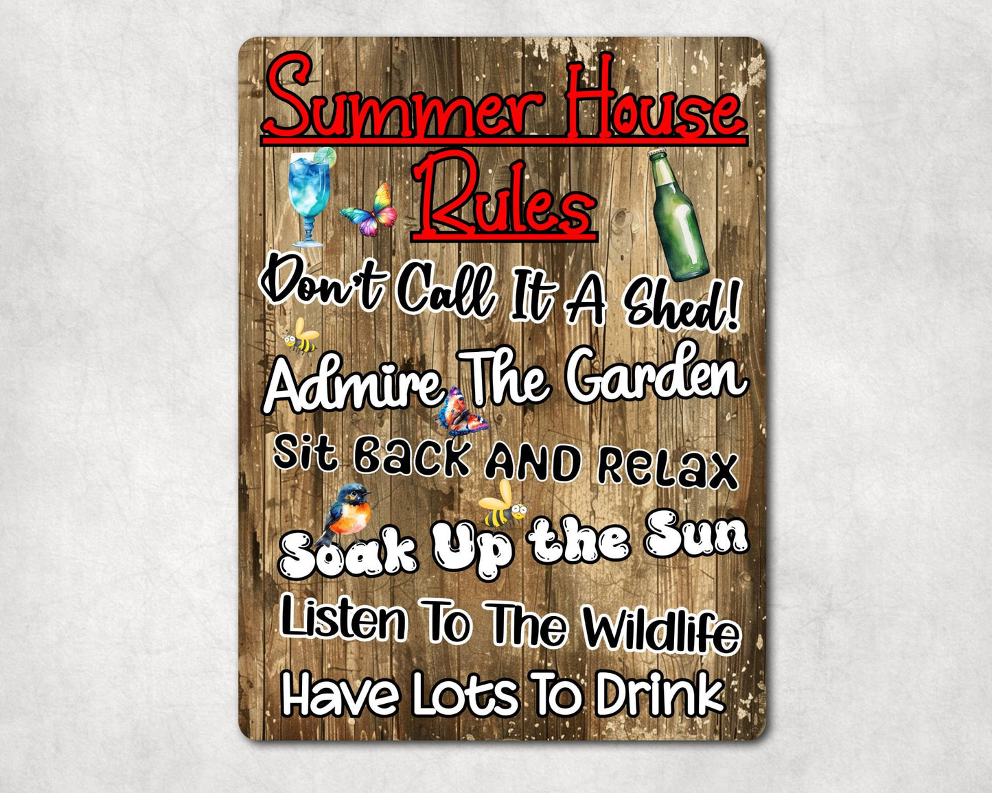 Garden Metal Sign Gift - Summer House Rules - Sit Back And Relax - Wood - Cute Fun Novelty Family Allotment Aluminium Present