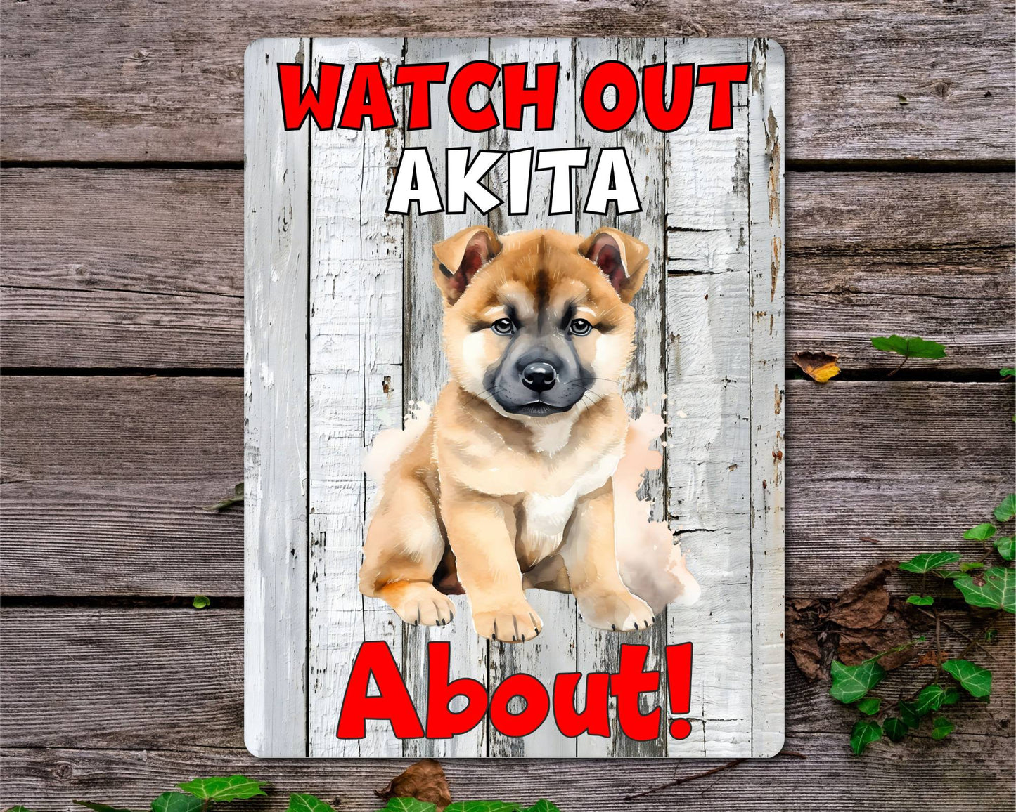Dog Metal Sign Gift - Watch Out Akita About - Cute Fun Novelty Family Pet Aluminium Present