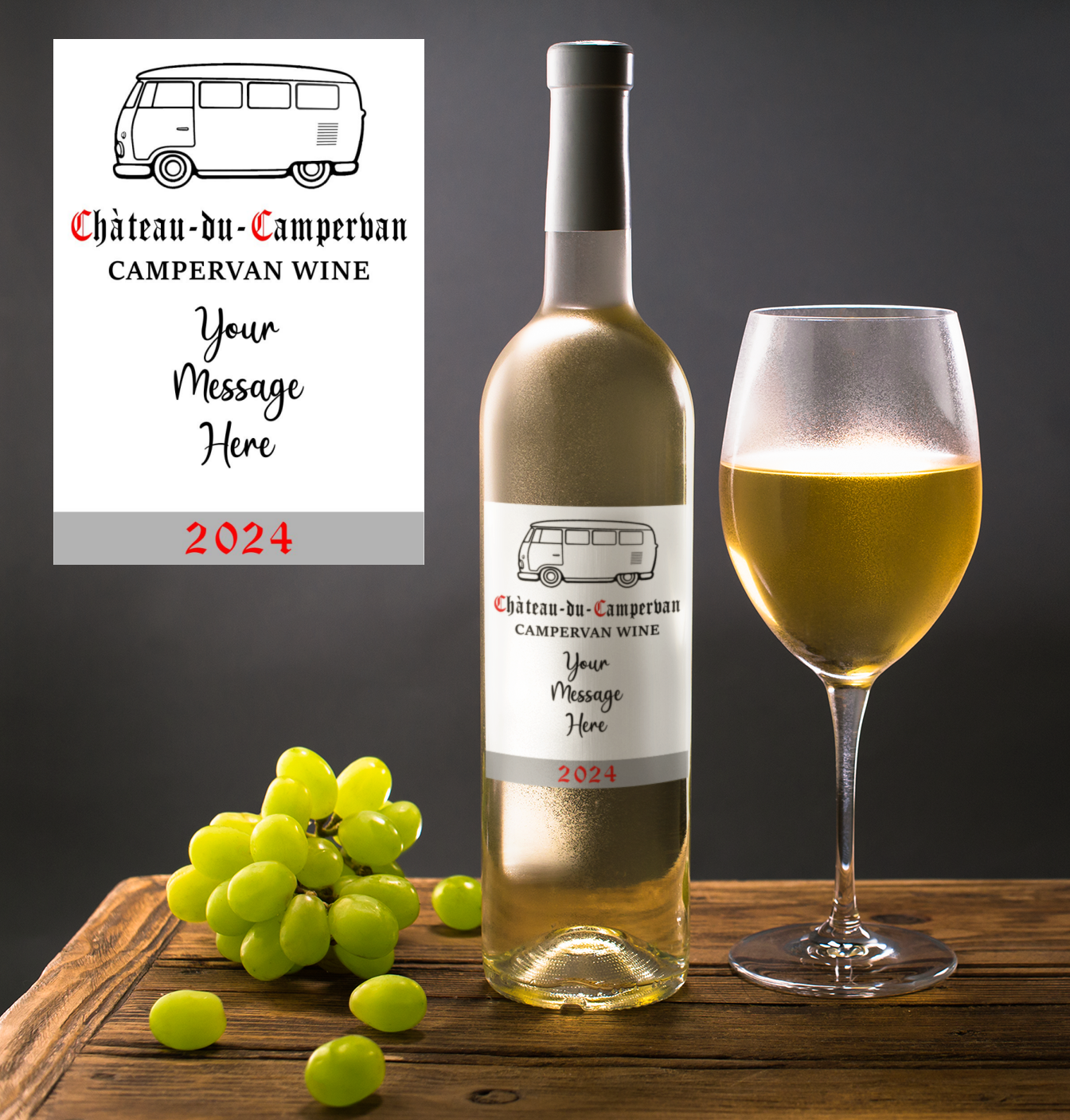 Campervan Wine Bottle Label x2 - Chateau du Campervan - Personalise Year and Message - To fit Most Alcohol Bottles Custom Gift