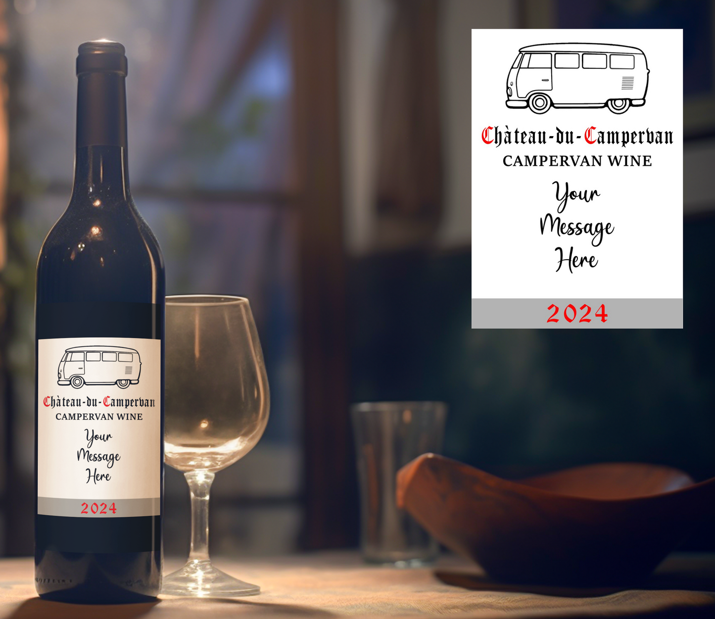 Campervan Wine Bottle Label x2 - Chateau du Campervan - Personalise Year and Message - To fit Most Alcohol Bottles Custom Gift